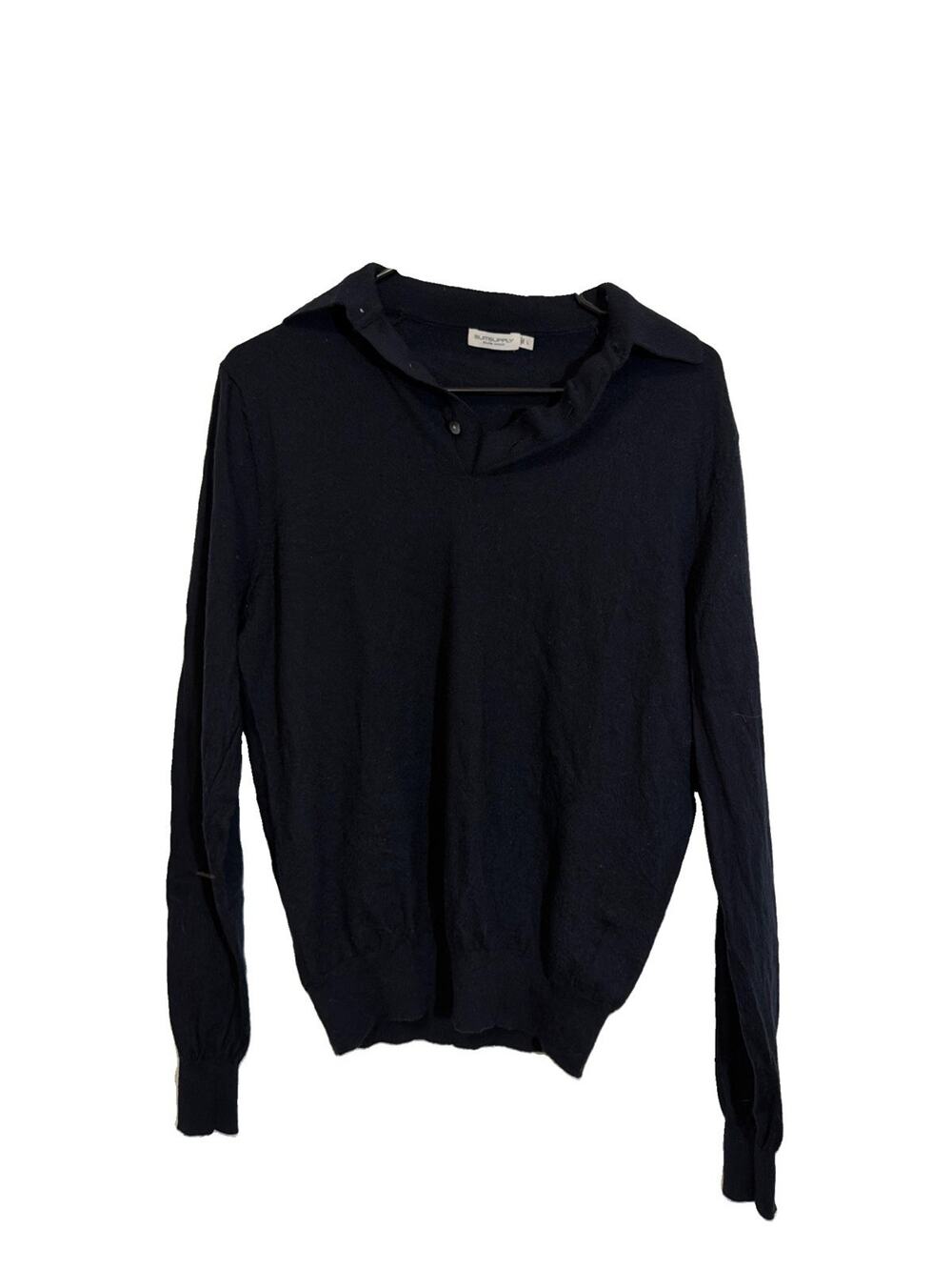 SUITSUPPLY Navy Merino Wool Pullover Sweater Polo Shirt Cotton Men's Large